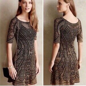 Cecilia Prado Anthropologie Open Knit Metallic Sweater Dress Black Gold Small